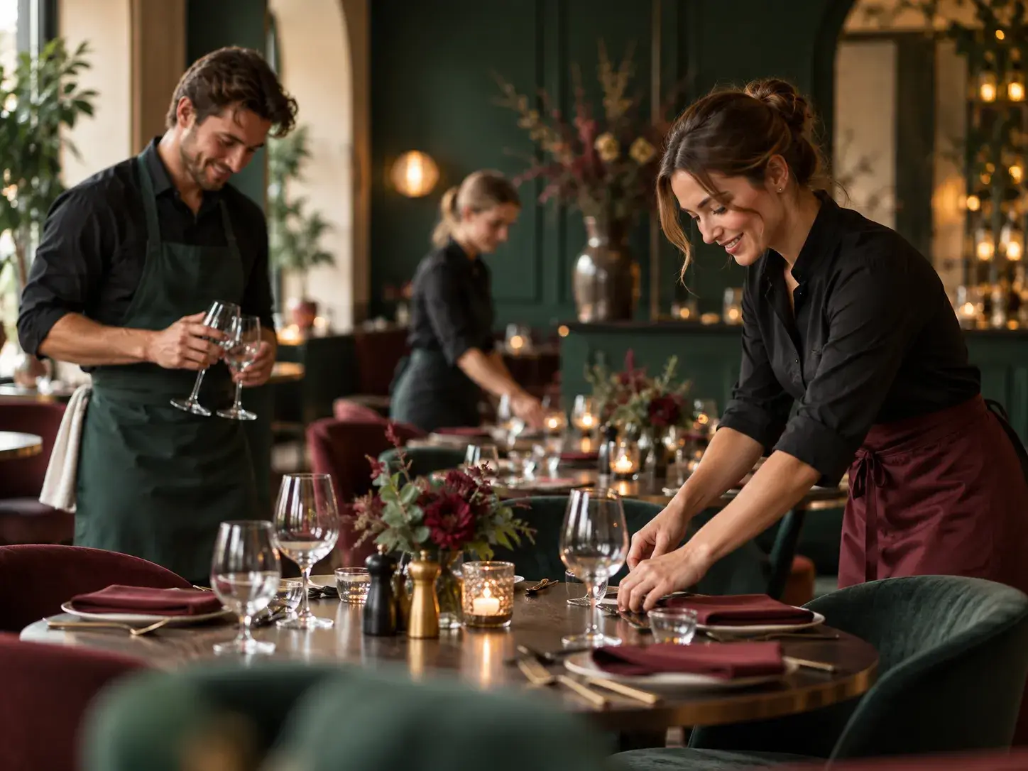 Medewerkers dekken tafels en verzorgen de mise-en-place in een elegant restaurant met groene en bordeauxrode accenten