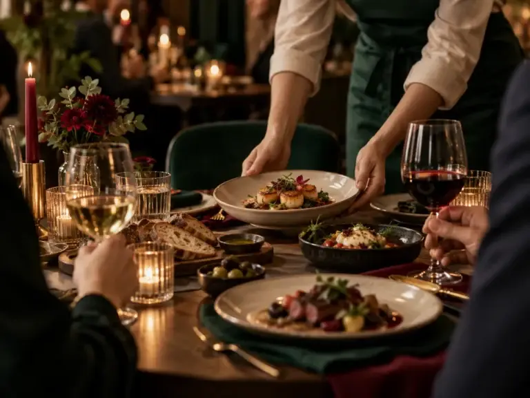 Server plaatst een verfijnd gerecht op tafel tussen wijn, kaarslicht en stijlvolle horeca-details in Restaurant Z
