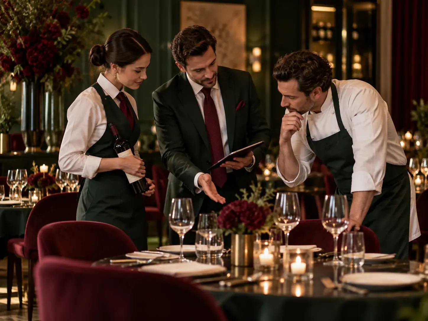 Restaurantteam overlegt samen over service, wijn en tafelschikking in een sfeervolle horecalocatie