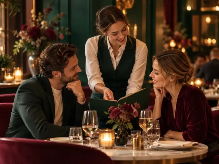Gastvrouw helpt twee gasten met vragen en advies aan een sfeervol gedekte tafel in Restaurant Z