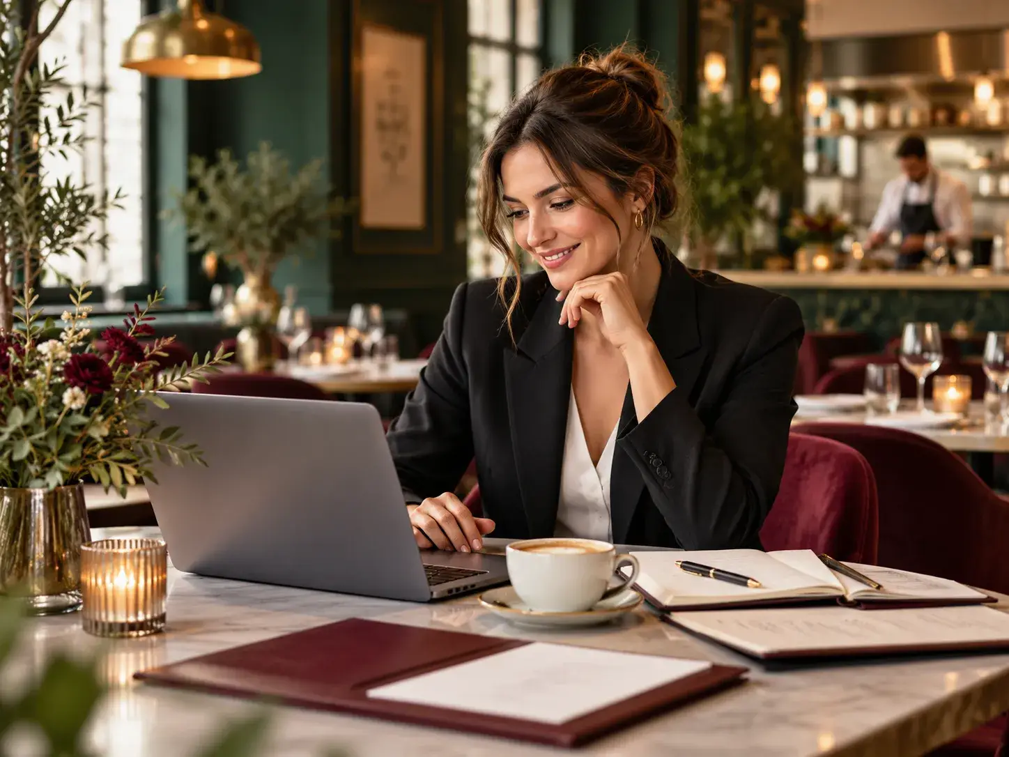 Horecaprofessional werkt met laptop en notitieboek in een stijlvol restaurant met groene en bordeauxrode accenten