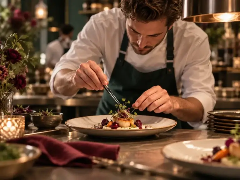 Chef werkt zorgvuldig aan de presentatie van een gerecht in een professionele restaurantkeuken.