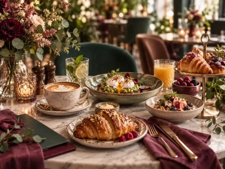 Uitgebreide brunch met koffie, croissants, eieren en verse gerechten op een stijlvolle tafel.