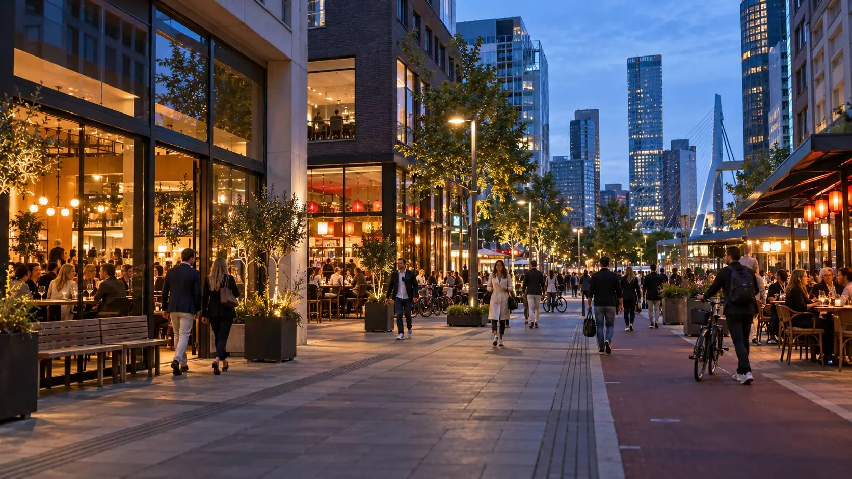 Restaurants in Rotterdam in een moderne stadsomgeving met diverse keukens en levendig avondleven